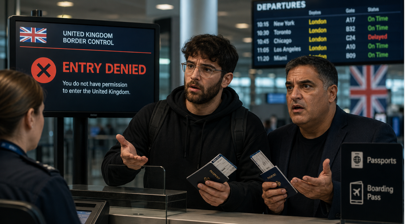 wide editorial-style image shows two men at an airport border control counter holding passports and boarding passes while reacting to an “Entry Denied” notice on a screen.
