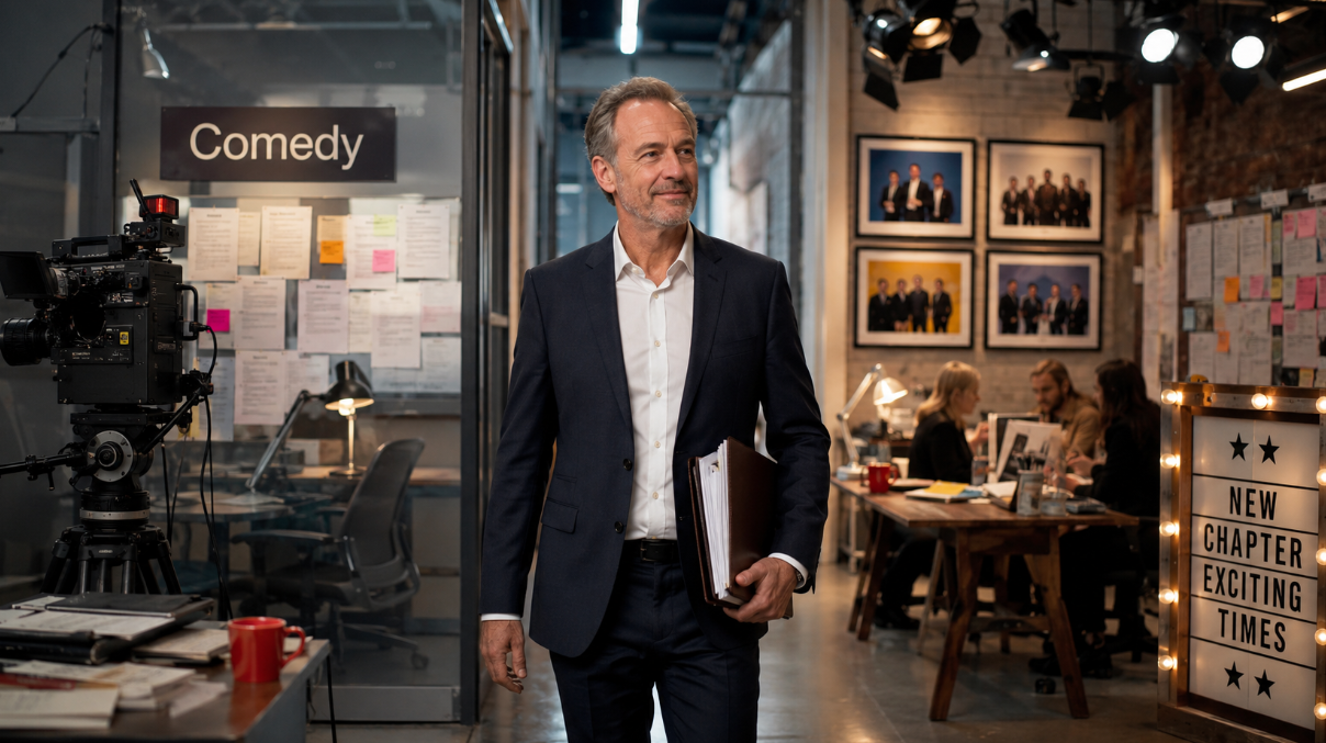 A wide editorial-style image shows a comedy television executive moving between two production spaces. On one side is a BBC-style comedy office with scripts, cameras, and development boards