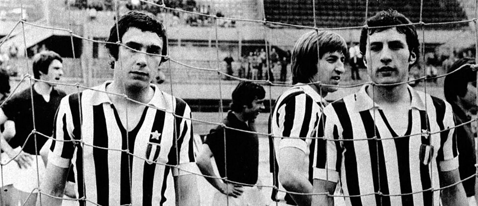 Turin (Italy), Communal Stadium, May 16, 1973. Juventus FC – AC Reggiana 1-1, Matchday 1 of 1972–73 Coppa Italia, Second round, Group A. From left to right: midfielder Domenico Maggiora and defender Vincenzo Chiarenza of Juventus, grown up in the club's youth sector and at their professional debut w
