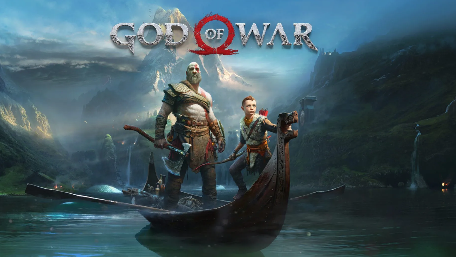 Official God of War promotional artwork featuring Kratos and Atreus in a dramatic Norse landscape with mountains, water, and a boat.