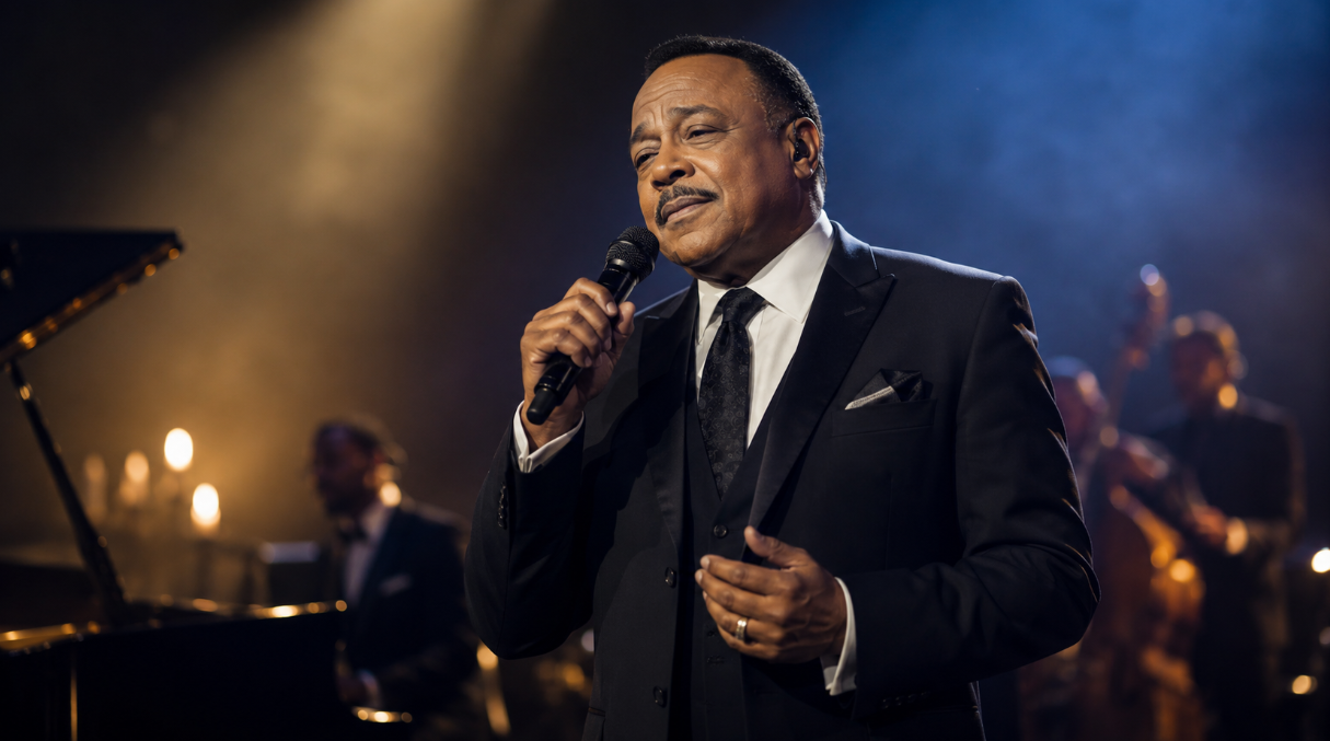 A respectful tribute image showing a soulful older balladeer performing on stage under warm golden and blue lights.