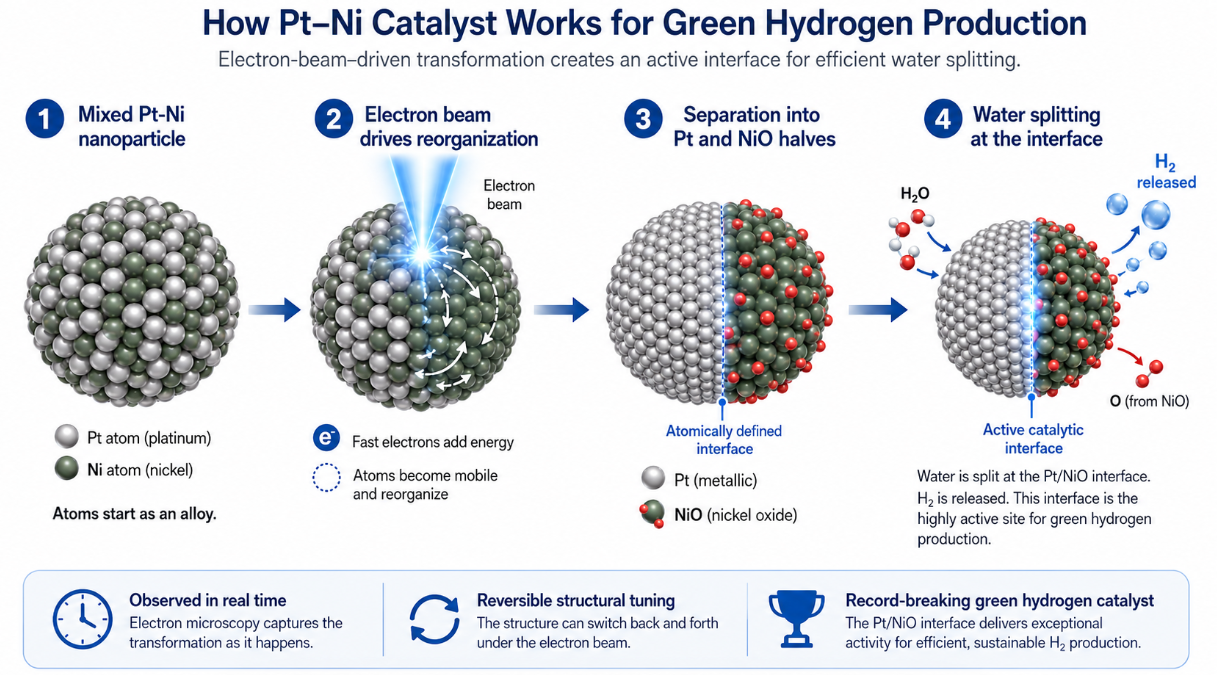 Researchers observed platinum and nickel atoms separating in real time under an electron microscope, forming a hybrid catalyst that could improve green hydrogen production.