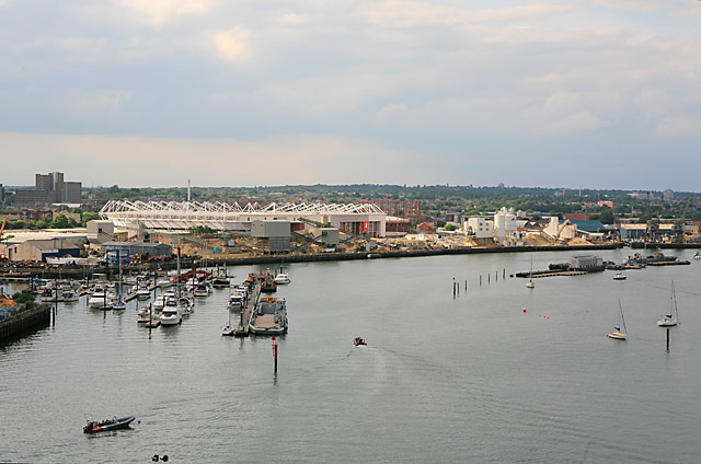 Gravel Works on west bank of River ITchen Seen from Itchen Bridge. Behind, and in the next square, is Southampton Football Club's St Mary's Stadium (white).