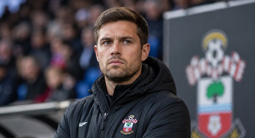 Editorial image of a serious Southampton-style football manager on the touchline after a playoff spying scandal and disciplinary fallout.