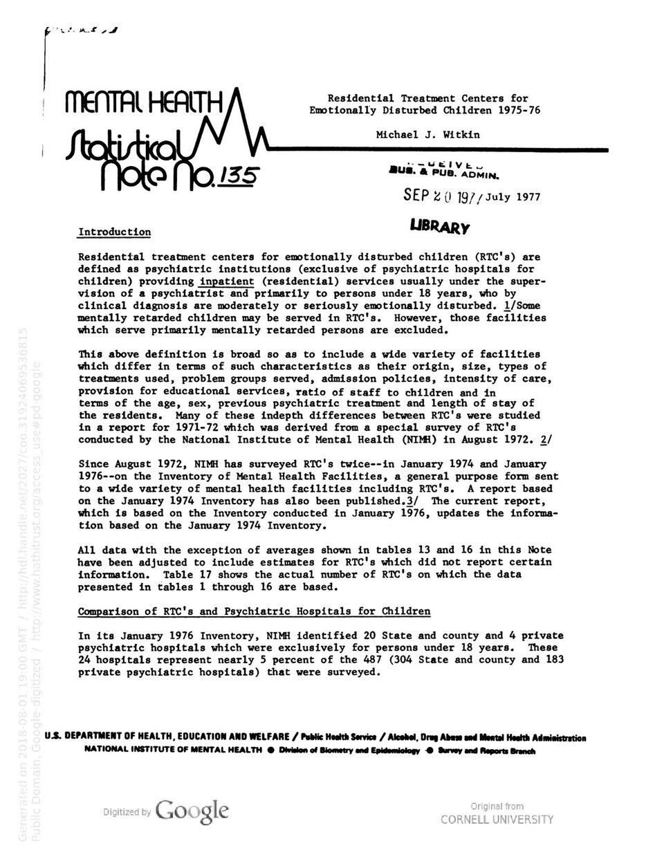 Residential Treatment Centers for Emotionally Disturbed Children 1975-76