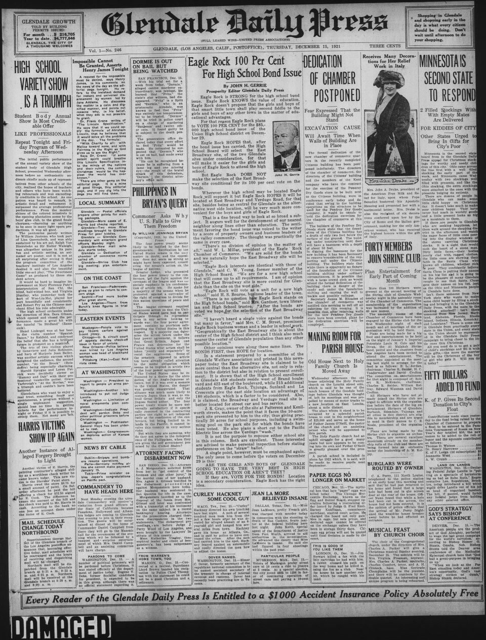 CA-R Notes for IA: Image may appear dark or faded due to the nature of microfilm. Some text runs off the page, inherent to the original.Series Title: Glendale Daily PressDescription: These newspapers document the earliest history of Glendale as an incorporated city and the later-annexed community of