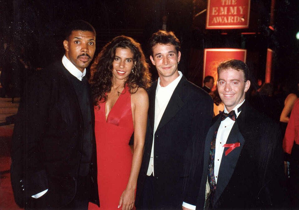 Cast members from E.R. - Eriq La Salle (left) and Noah Wyle (3rd from left), with Angela Johnson and Eric Van Danen after the 1995 Emmy Awards telecast - September 10, 1995.