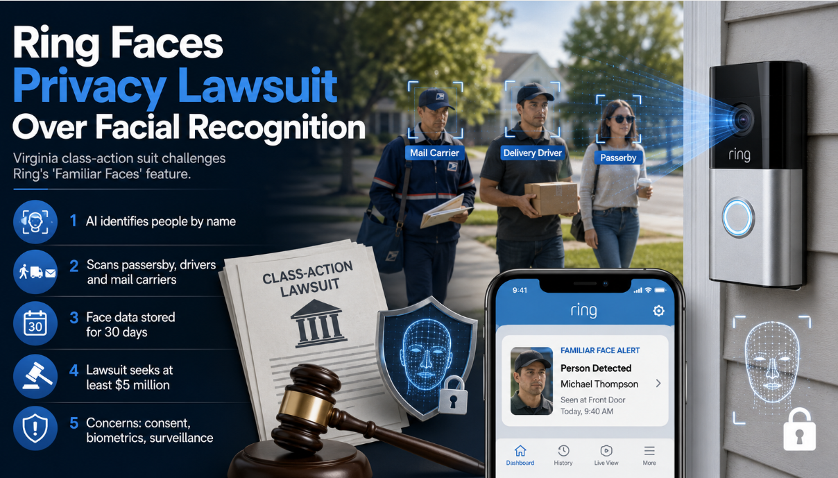 A Virginia man has filed a class-action lawsuit against Amazon Ring, alleging its Familiar Faces facial recognition feature violates privacy and improperly stores biometric data.