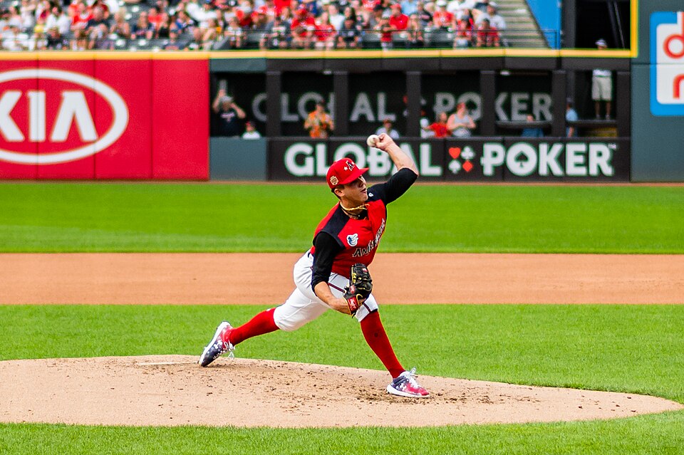 DL Hall delivers a pitch in the 2019 All-Star Futures Game at Progressive Field in Cleveland