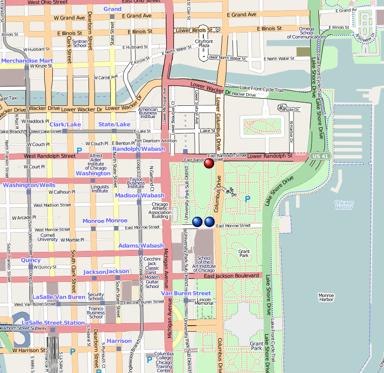 This map of Millenium Park area, Chicago, Illinois, USA (Dots added for the positions of the Exelon Pavilions - I used File:Red pog.svg and File:Blue pog.svg) was created from OpenStreetMap project data, collected by the community. This map may be incomplete, and may contain errors. Don't rely solel