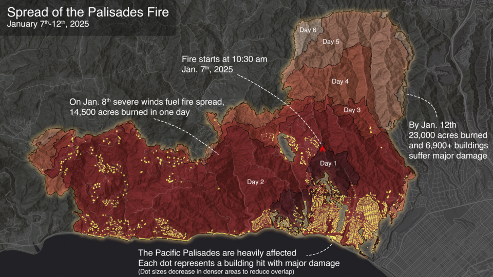 Inforgraphic showing the spread of the Palisades Fire and affected buildings