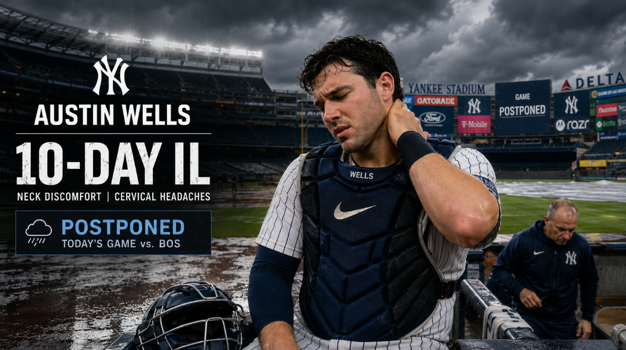 Austin Wells was placed on the 10-day injured list with cervical headaches as the Yankees reshuffled their catching depth and Saturday’s game against Boston was postponed.