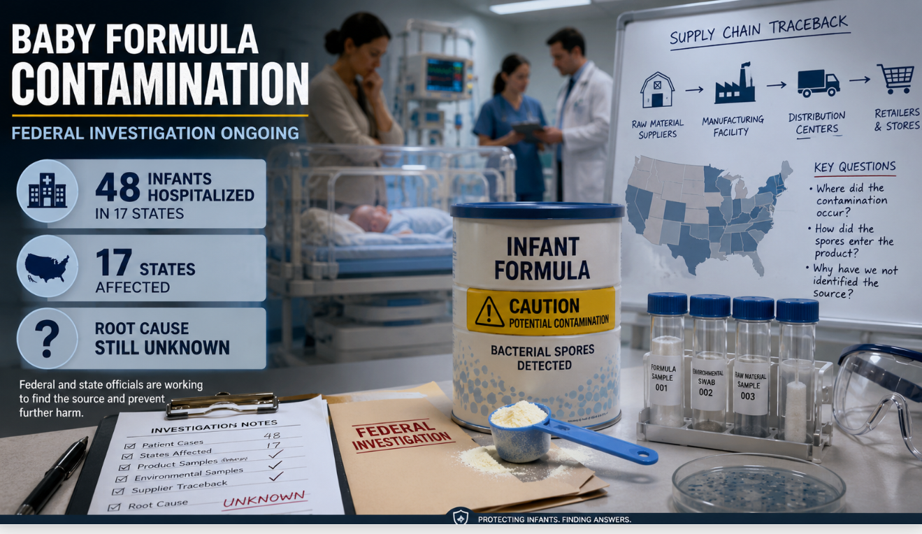 News graphic showing infant formula under investigation, a hospitalized baby in the background, and a supply chain trace-back board.