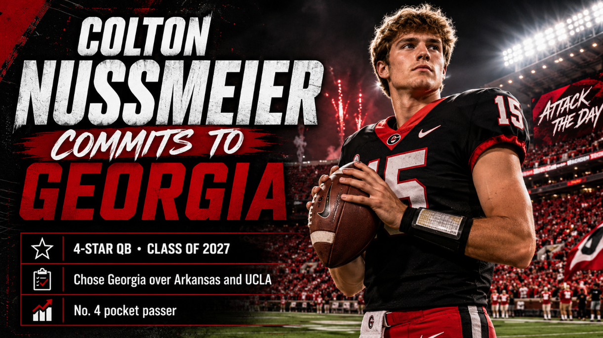 College football recruiting graphic showing quarterback Colton Nussmeier committing to the University of Georgia.