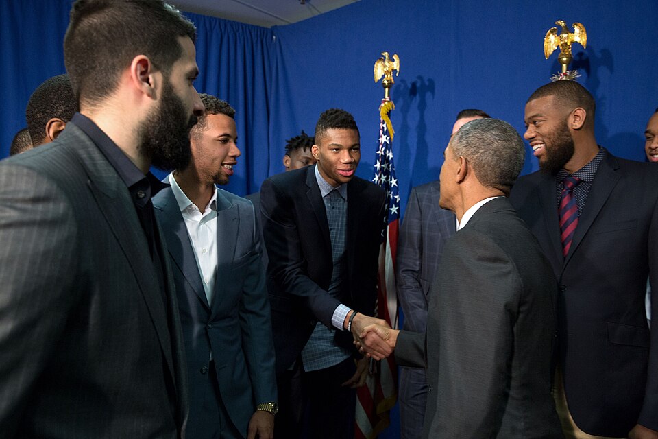 Barack Obama - Giannis Antetokounmpo handshake, Milwaukee Bucks in White House, April 2016. Greg Monroe on the left and Michael Carter Williams on the left.
Photo by White House photographer Pete Souza