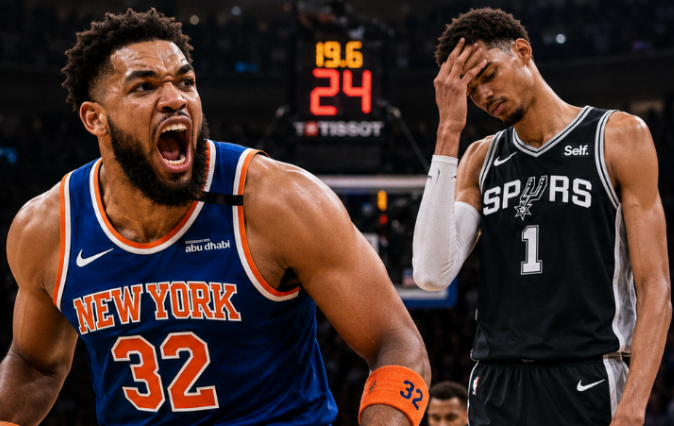 Sports graphic showing the New York Knicks taking a 2-0 NBA Finals lead over the San Antonio Spurs after Game 2.
