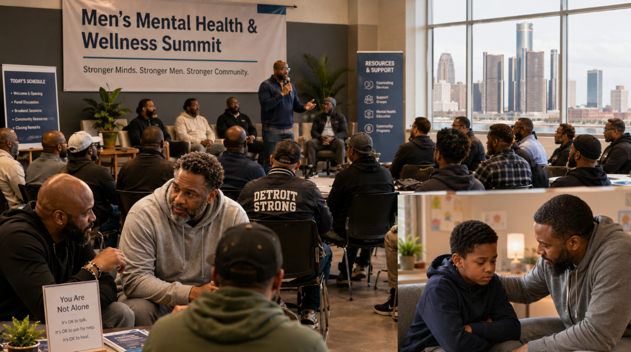 Men gathered at a Detroit mental health and wellness summit with speakers, support resources, and a parent comforting a child.