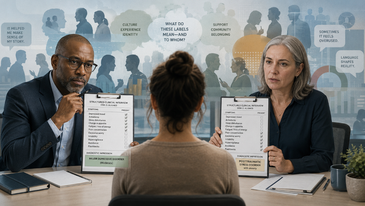Two clinicians hold different structured mental health interview results while evaluating the same patient, symbolizing questions about diagnostic reliability.