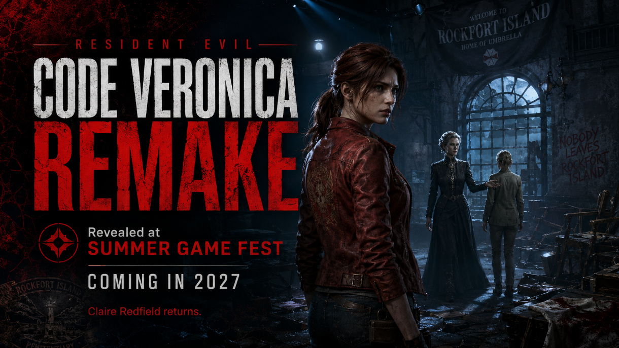 Promotional gaming image for the Resident Evil Code Veronica remake, featuring Claire Redfield in a dark, ruined setting with 2027 release text.