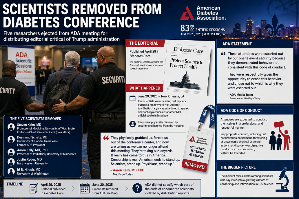 News infographic showing scientists being removed from an American Diabetes Association conference after distributing a published editorial.