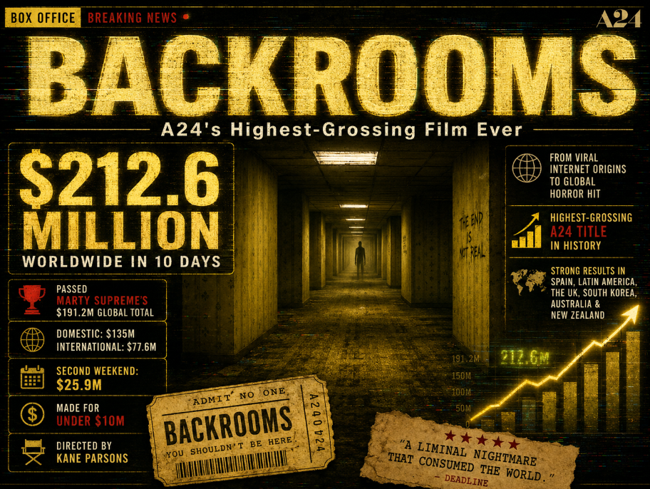 Backrooms has earned $212.6 million worldwide in just 10 days, surpassing Marty Supreme to become the highest-grossing film in A24 history.