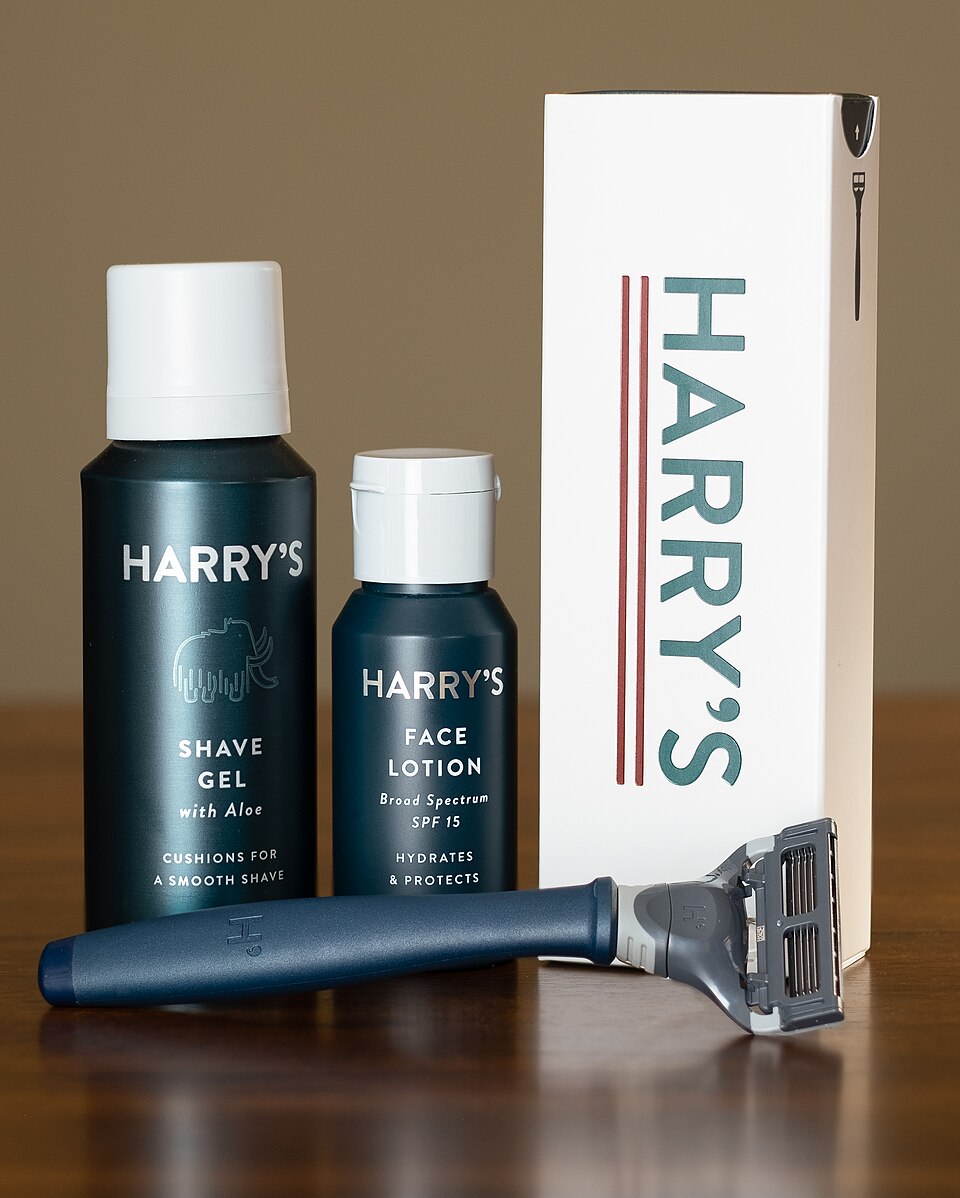 Harry's five-blade razor, shave gel, and face lotion.