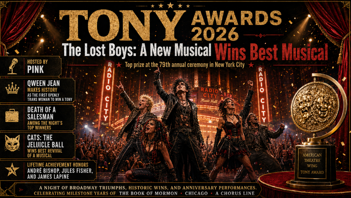 The Lost Boys: A New Musical won Best Musical at the 2026 Tony Awards, while Qween Jean made history and Death of a Salesman earned major honors.