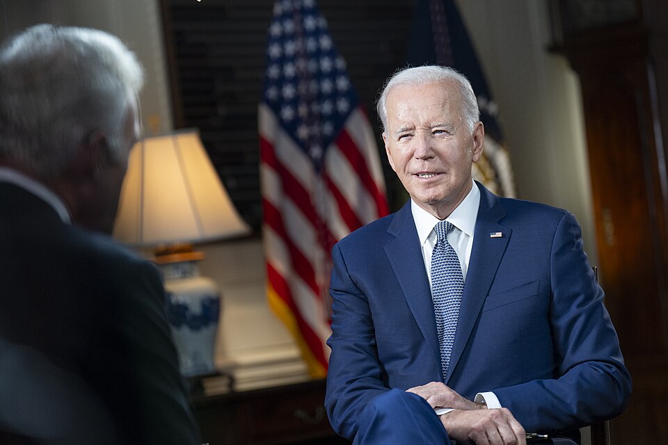 President Joe Biden participates in an interview with Scott Pelley for CBS' "60 Minutes", Thursday, October 12, 2023, in the Map Room of the White House. 
(Official White House Photo by Adam Schultz)