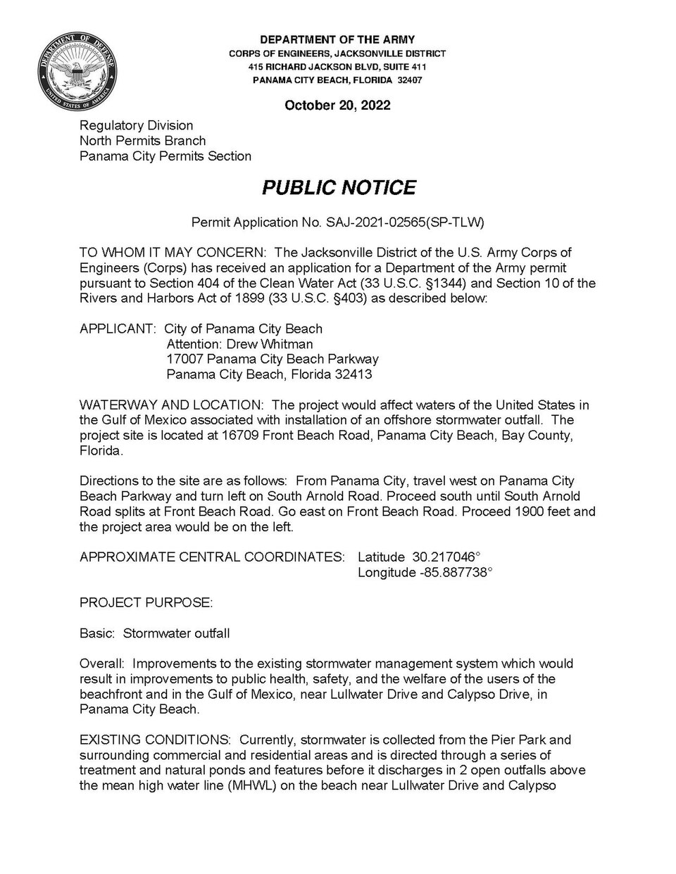 Public notice- Permit application no. SAJ-2021-02565(SP-TLW) - USACE-p16021coll15-401
