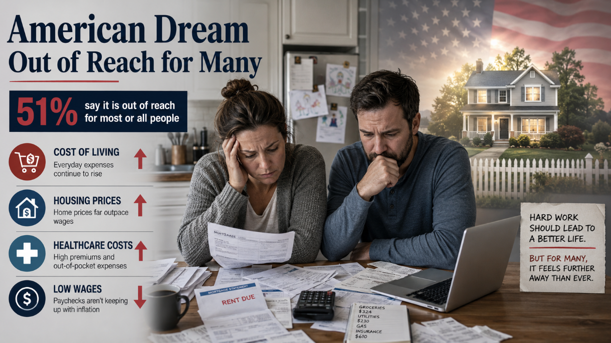 A new survey finds more than half of U.S. adults believe the American Dream is out of reach for most people, with cost of living, housing, healthcare, and low wages driving pessimism.