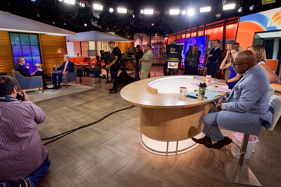 Co-hosts Al Roker, Savannah Guthrie, and Natalie Morales look on as U.S. Secretary of State John Kerry chats with Matt Lauer, co-host of the NBC News "Today" program, on July 24, 2015, in New York, N.Y., before an interview focused on the Iranian nuclear deal. [State Department photo/ Public Domain]