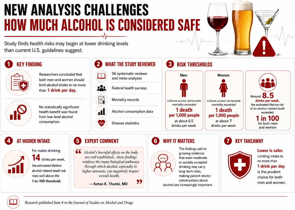 A new analysis suggests alcohol-related health risks may begin at lower drinking levels than current U.S. guidelines, with researchers recommending no more than one drink per day.