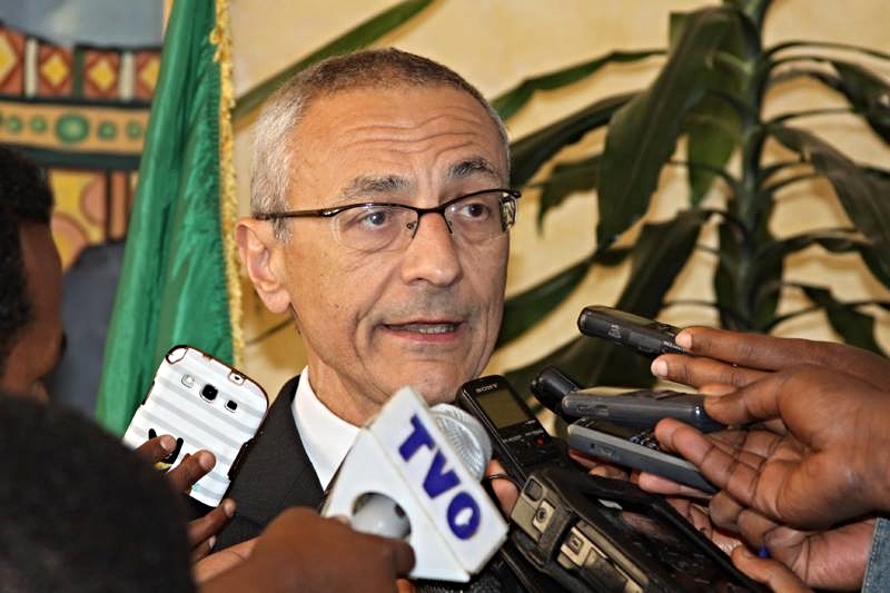 John Podesta, Counselor to the President of the United States, addresses reporters in Addis Ababa after his meeting with Ethiopian Foreign Minister Tedros Adhanom on January 15, 2015. Counselor Podesta is visiting Ethiopia to engage with Ethiopian and the African Union officials. [State Department p