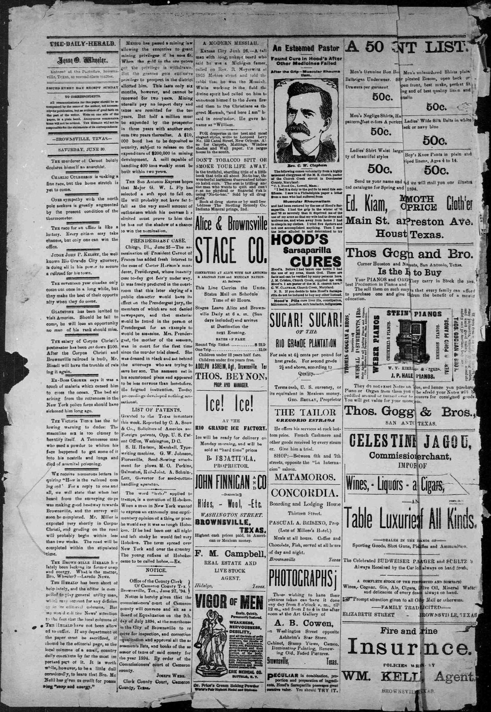 Page from June 30, 1894 of Daily Herald (Brownsville, TX), containing an article stating that the assassination of French President Carnot May Effect Prendergast  "has added fresh interest to the case of Carter Harrison's murderer", believing that the assassination would sway jury inHarrison assassi