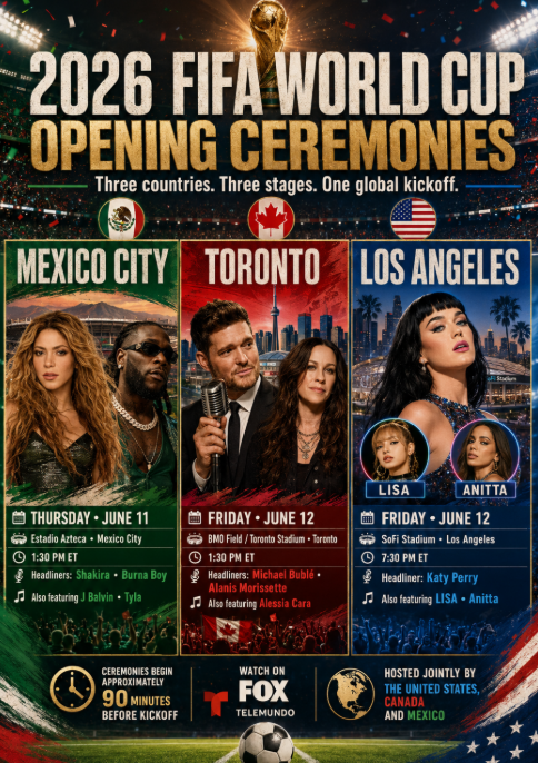 The 2026 FIFA World Cup begins with opening ceremonies in Mexico City, Toronto and Los Angeles, featuring major artists including