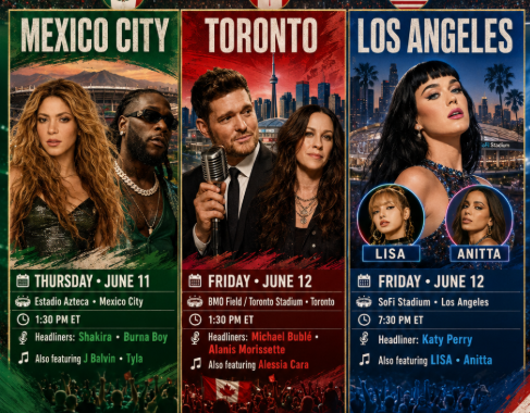The 2026 FIFA World Cup begins with opening ceremonies in Mexico City, Toronto and Los Angeles, featuring major artists including Shakira, Burna Boy, Michael Bublé, Alanis Morissette and Katy Perry.