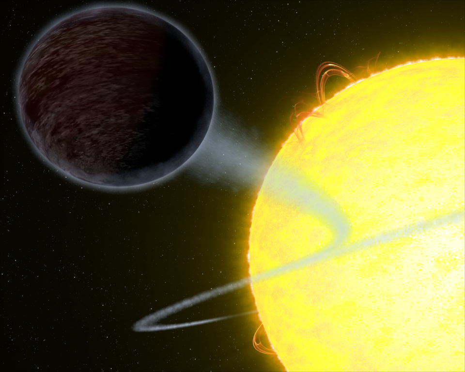 Pitch-Black Exoplanet is Super-Hot
This illustration shows one of the darkest known exoplanets — an alien world as black as fresh asphalt — orbiting a star like our Sun. The day side of the planet, called WASP-12b, eats light rather than reflects it into space. The exoplanet, which is twice the size