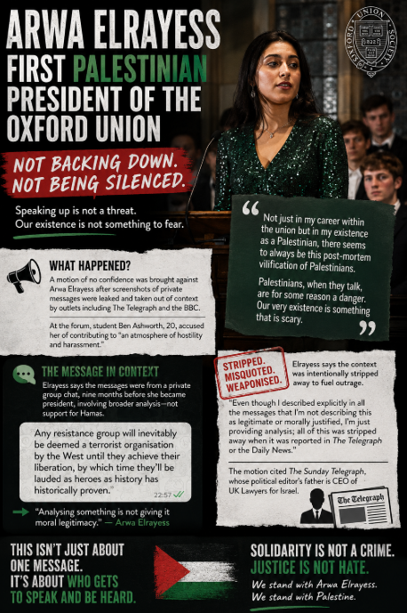 Arwa Elrayess, the first Palestinian president of the Oxford Union, says she will not resign after a no confidence motion