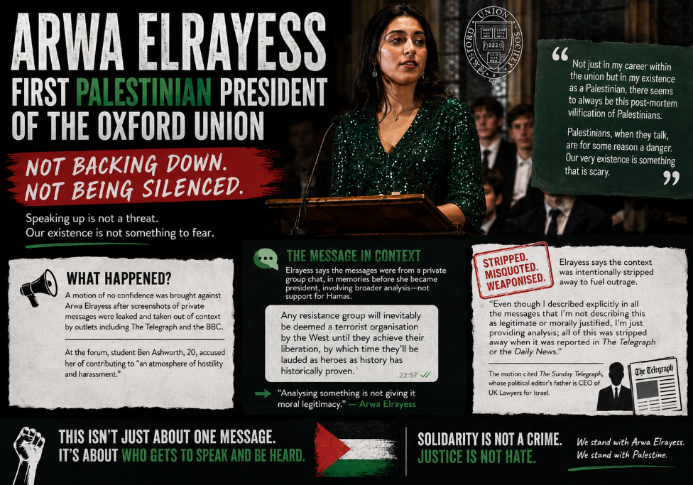 Arwa Elrayess, the first Palestinian president of the Oxford Union, says she will not resign after a no confidence motion tied to leaked private messages.