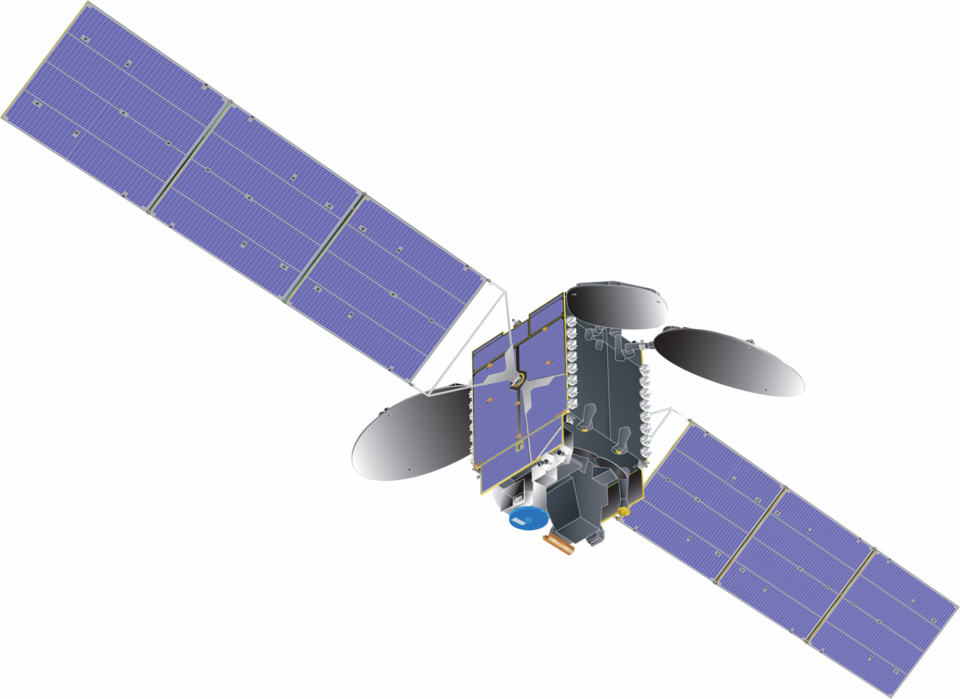 Image of a generic communications satellite with the TEMPO instrument (blue and silver at bottom) with transparent background.