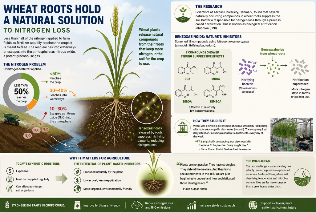 New research from Aarhus University suggests wheat roots release natural compounds that can slow nitrogen loss, improving fertilizer efficiency and reducing emissions.