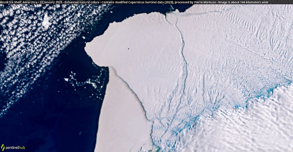 Contains modified Copernicus Sentinel data [2023], processed by Pierre Markuse
Brunt Ice Shelf, Antarctica - 22 January 2023
Also take a look here: https://www.flickr.com/photo.gne?short=2oddh8U

Image is about 144 kilometers wide