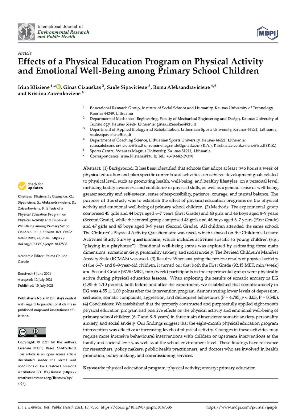 Effects of a Physical Education Program on Physical Activity and Emotional Well-Being among Primary School Children