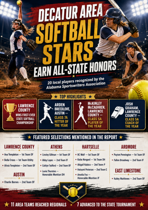 Description: Twenty Decatur-area softball players earned Alabama Sportswriters Association All-State honors, led by Lawrence County’s first state championship