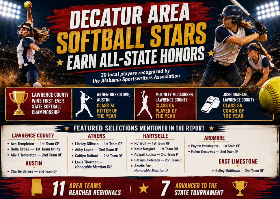 Twenty Decatur-area softball players earned Alabama Sportswriters Association All-State honors, led by Lawrence County’s first state championship and standout seasons from Arden Breedlove and McKinley McCaghren.
