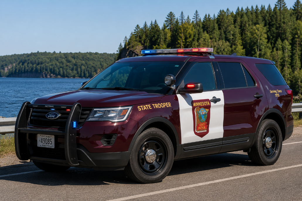A realistic landscape image of a Minnesota State Trooper SUV parked beside a scenic lake road, with forested shoreline, emergency lights, and patrol markings.