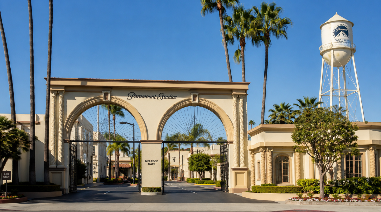 A wide view of Paramount Studios in Hollywood, featuring the iconic entrance gate, palm trees, classic studio architecture, and the historic water tower.