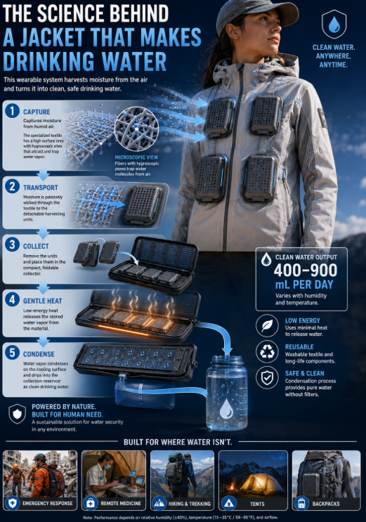A portrait science graphic showing how wearable atmospheric water harvesting technology captures moisture from air, collects it in detachable units, and converts it into clean drinking water.