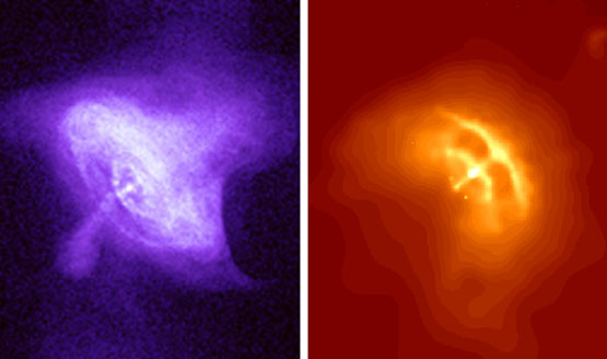 Crab Nebula and the Vela supernova remnants These images show the region of space around two rapidly rotating neutron stars in the Crab Nebula (left) and the Vela (right) supernova remnants. A magnetized, rapidly rotating neutron star produces electric voltages of several quadrillion volts. Particle