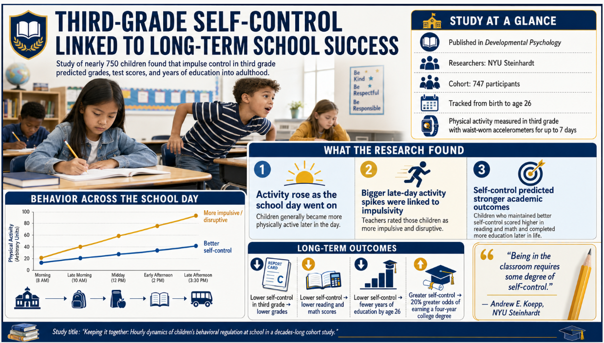 A long-term study of 747 children found that stronger self-control in third grade was linked to better grades, higher reading and math scores, and greater odds of earning a college degree by age 26.